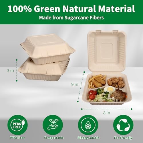 Aricsen Disposable 50 Pack 3 Compartment 8x9 Inch Take Out Food Containers