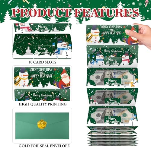 Jaywayang Christmas Money or Gift Card Holder with 10 Slots, Surprise Cash Envelope Holders for Men Women Girls Boys (Green)