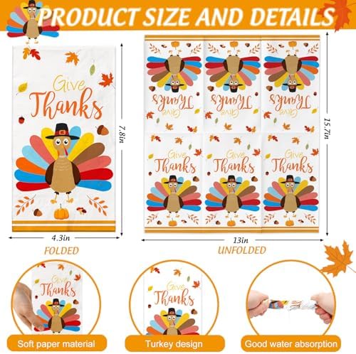 100 PCS Thanksgiving Napkins Fall Turkey Autumn Leaves Guest Napkins for Autumn Harvest Party, Kitchen, Bathroom, Thanksgiving Decorations