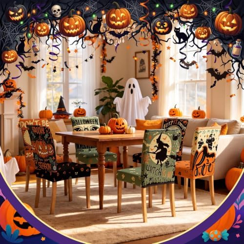 Moukeren 6 Pcs Halloween Chair Covers Scary Dining Chair Slipcovers
