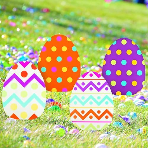Fun Express Jumbo Easter Eggs Yard Signs 4-Pack - Large 18x24.5 Outdoor Easter Decorations with Stakes | Weather-Resistant Egg Hunt Signs for Front Yard, Lawn & Garden Party Decor