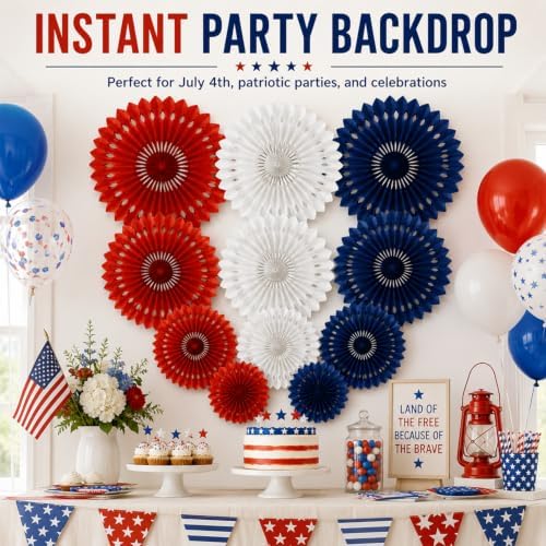 Red White Blue Hanging Honeycomb Round Paper Fans Decoration Patriotic Theme Tissue Paper Fan Garland for Shower Birthday Graduation Wedding Party Supplies 11 Count