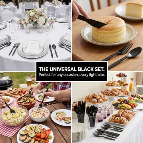 360Pcs Black Plastic Silverware Set, Disposable Forks Spoons Knives