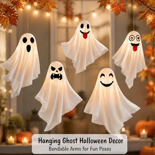 5 Pcs LED Light Up Hanging Ghosts, 24.4 Inch Halloween Outdoor Decor