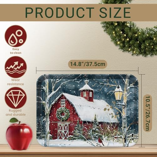 4-Piece 15 x 11 Inch Christmas Serving Tray Set, Melamine Reusable Platters with Red Barns, Snowmen, Horses, and Truck, Holiday Party Snack, Fruit, Dessert, and Candy Dishes