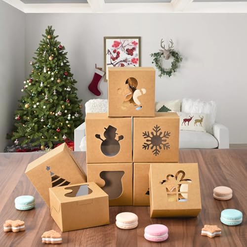 KPOSIYA 36 Pack Christmas Cookie Boxes for Gift Giving, 6x6x3 Inch Brown Bakery Box With Window, Large Holiday Cookie Tins With Lids, Small Xmas Treat Box for Pastry Dessert Cupcakes Packaging