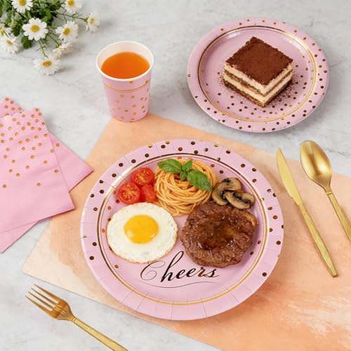 168Pcs Pink and Gold Paper Plates and Napkins Party Supplies for 24 Guest
