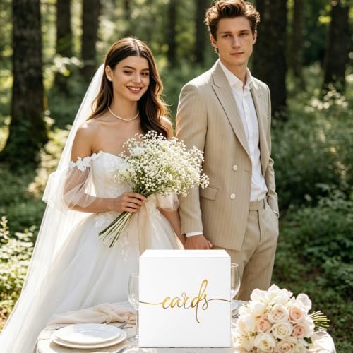 White Wedding Card Box with Gold Foil Design, Paperboard 8.7" Gift Card Holder for Graduation Birthday Party Reception Retirement Anniversary Bridal & Baby Shower