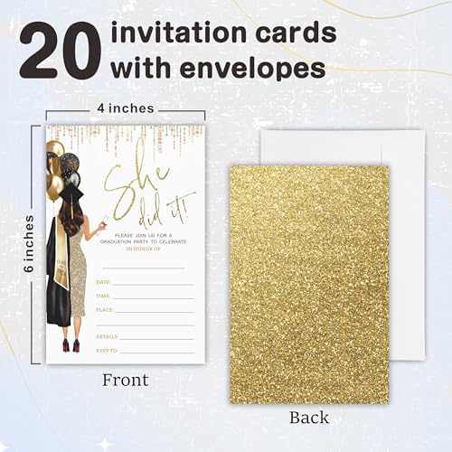 She Did It Graduation Party Invitations -Gloden Balloons & Grad Girl -20 Double-sided Fill In Invite Cards With Envelopes For College , High School , University Grad -Party Decorations & Supplies -D01