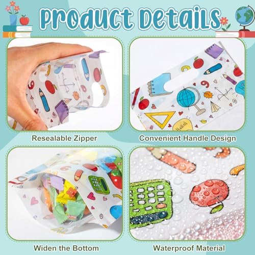 Engrowtic 100 Pcs Back to School Treat Bags Plastic Resealable Gift Bags with Handles First Day of School Goodie Pouches for Students Teacher Classroom Preschool Kindergarten Party Favors Wrapping