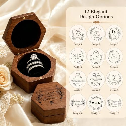 Personalized Wedding Ring Box, Custom Name and Date, Hexagon 3-Slot Design
