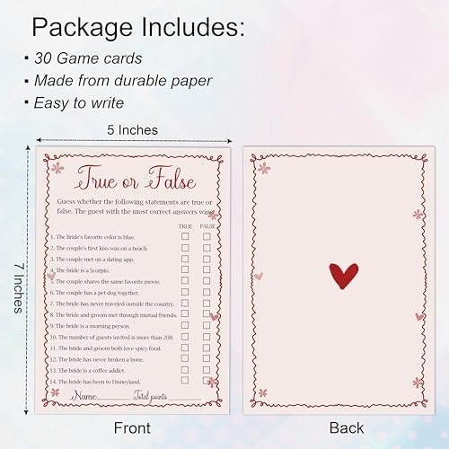 Pink Bridal Shower Games Cards - True or False - 30 Fun Wedding Party Game Cards for Bridal Shower, Engagement, Bachelorette & Newlywed Party, Icebreaker Activity Supplies & Decorations