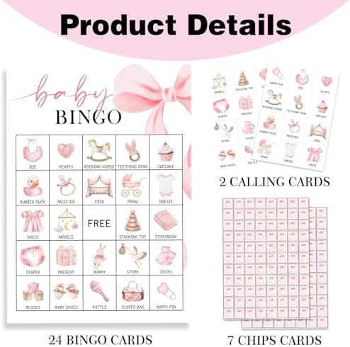 Pink Bow Baby Shower Bingo for 24 Players, Fun Gender Reveal Party Game