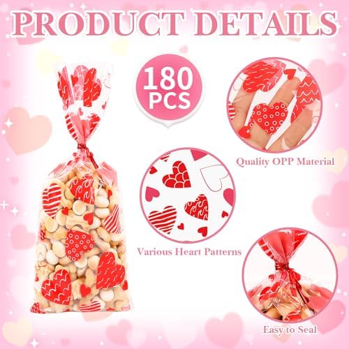 FOIMAS 180pcs Valentine's Day Cellophane Treat Bags,Heart Candy Goodie Bags Cookie Bag with Twisted Ties for Valentines Day Party Supply