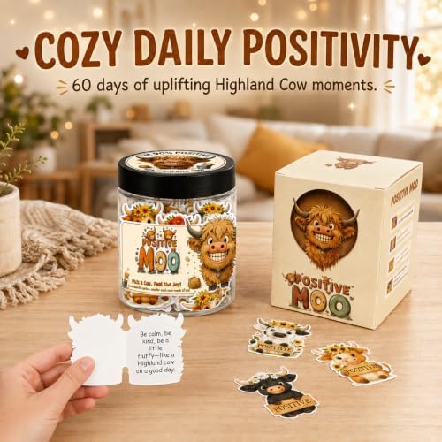 Positive Highland Cow Jar with 60 Affirmation Cards, Emotional Support Highland Cow Gifts, Stress Relief Gifts For Women, Teens, Men, Christmas Moo Highland Cow Decorations