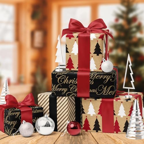 LaRibbons Kraft Christmas Wrapping Paper Set, Elegant Gift Wrap with Trees, Stripes & Merry Christmas, Black & Brown Holiday Paper with Cutlines for Xmas, Party Gifts, 17 inch x 10 ft -3 Rolls