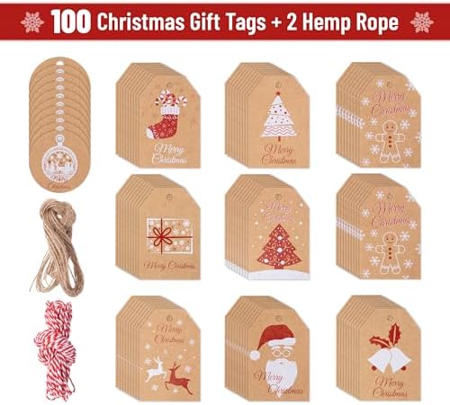 Mr. Pen- Christmas Gift Tags, 100 pcs, with Hemp Rope, 10 Designs