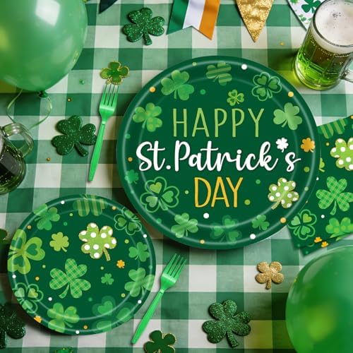 96 Pieces Happy St. Patrick's Day Plates and Napkins Tableware Set, Green Shamrock Lucky Disposable Dinnerware with Paper Plates, Napkins, and Forks for St Patrick Day Irish Party Supplies- Serves 24