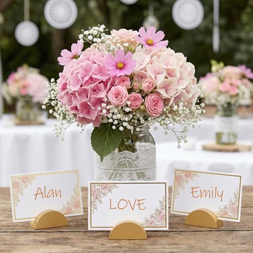 50 PCS Gold Table Number Holders, Wooden Place Card Holders with 50 PCS Cards Semicircular Table Number Stands for Restaurant, Wedding, Birthday Party Plates, Menus and Photos