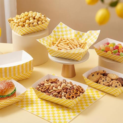 Geosar 100 Pcs Gingham Paper Food Tray with Wax Paper,Yellow White