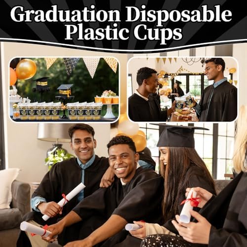 Bokon 100 Pcs 2026 Black Graduation Plastic Cups Bulk with Strawless Sip Lids 12oz Disposable Congrats Grad Cup Drinkware Class of 2026 Celebration for College Tableware Party Supplies Decorations
