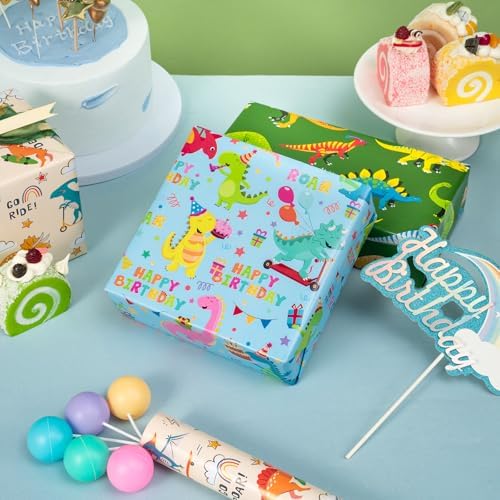 WRAPAHOLIC Dinosaur Wrapping Paper Roll - 3 Short Roll - Dinosaur Happy Birthday Wrapping Paper for Kids Boys Birthday, Dinosaur Party Favor - 17 Inch x 120 Inch Per roll