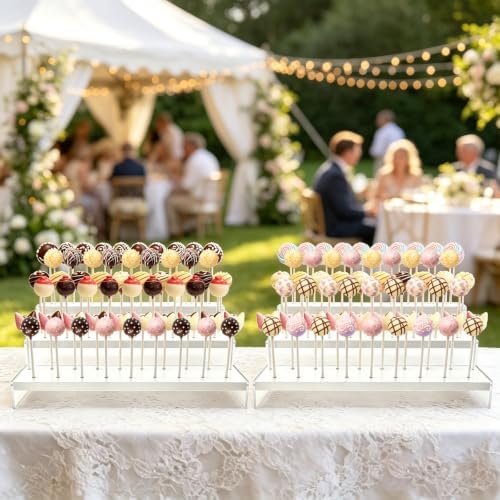 1Pcs Wood & Acrylic Cake Pop Stand Display, 3 Tier White Lollipop Holder with 100 Lollipop Sticks, 57 Holes Popsicle Display Rack for Birthday, Wedding, Baby Shower Party Table Decor