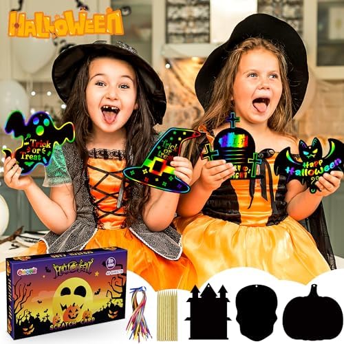 OHOME Halloween Party Favors - 48 PCS Magic Rainbow Scratch Paper Cards Set for Kids - Kids Halloween Games Crafts Treats Toys Gifts - Trick-or-Treat Activities Party Decorations Supplies