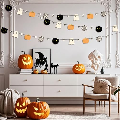 2pcs Halloween Party Banner, 9.84ft Pre-Strung Pumpkin Ghost Spiderweb Skull Black Cat Banner Hanging Summerween Garland Sign for Fall Halloween Boo Birthday Party Decorations