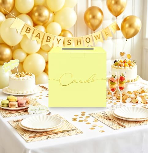HEIPINIUYE Yellow Wedding Card Box with Gold Foil 9.8" x 9.8" Yellow Large Gift Card Box for Party Wedding Reception Graduation Birthday Baby Shower Cardboard Raffle Envelope Box with Slot