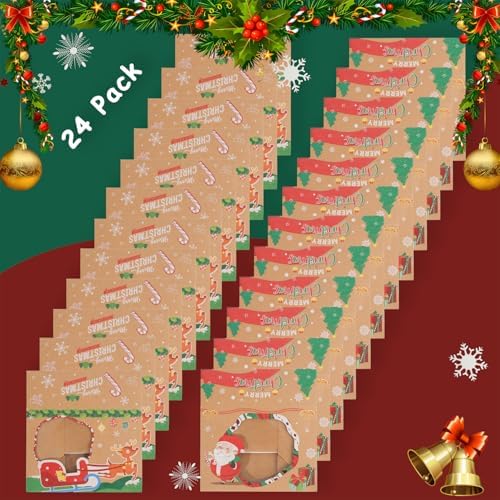 YEKTFS Festive Christmas Treat Boxes - 24 Pack, 8.25x6x2.75in, Brown, Rectangular, Flip Top Lids, Durable & Reusable, Perfect for Baked Goods & Gifts