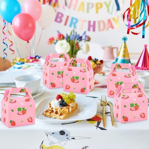 24 Pieces Strawberry Party Favor Boxes Gable Candy Treat Box Folding Paper Gift Box with Handles Fruit Party Favors for Strawberry Themed Sweet Birthday Party Baby Shower Wedding Decoration Supplies