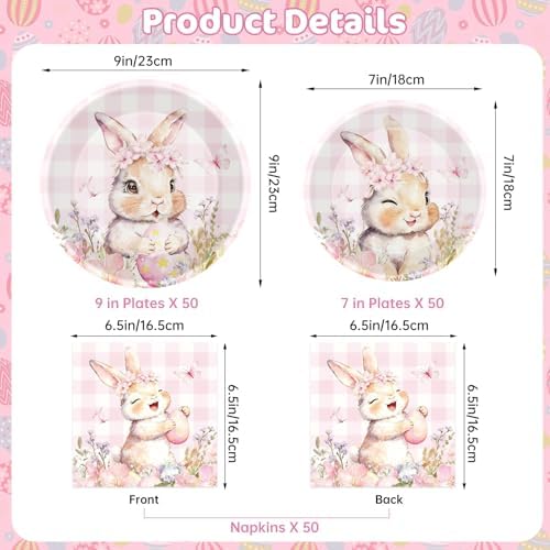150 Pcs Easter Paper Plates and Napkins Sets Party Supplies - Disposable Cute Pink Plaid Easter Bunny Eggs Dinner Plate Napkin Paper Tableware for Spring Easter Table Decorations Party Supply,Serve 50