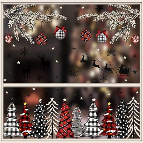 MEHOFOND Winter Christmas Window Cling Sticker 8 Sheet, Black Red Plaid Christmas Tree Snow for Xmas Holidays Home Party Supplies Shop Window Glass Display Decoration