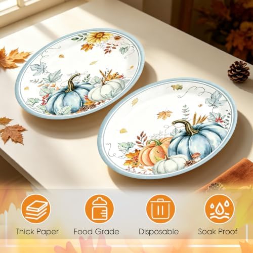 50Pcs Thanksgiving Oval Paper Plates 10" x 12" Fall Watercolor Pumpkins