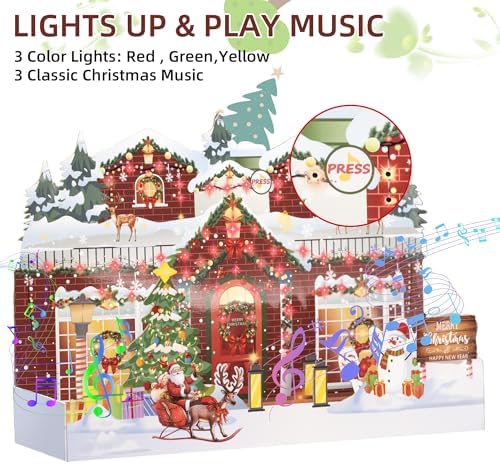 Christmas Card with Lights and Music,3D Pop Up Christmas Gift Greeting Card with Envelopes,Plays 3 Melody with Matching Flashing Lights