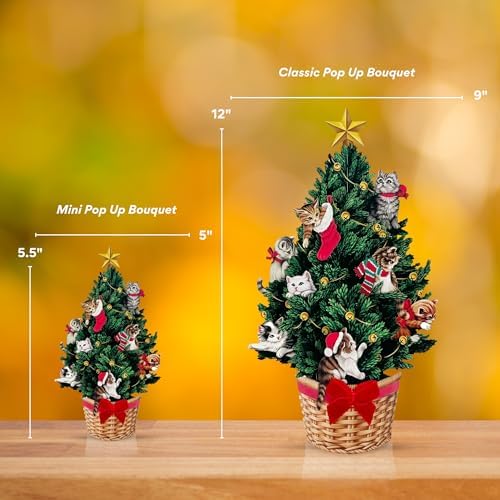 Freshcut Paper Pop Up Cards, Mini Meowy Christmas, 6 Inch Mini Sized Forever Flower Bouquet 3D Popup Greeting Cards, Christmas Card, Holiday Card, Blank Notecard & Envelope