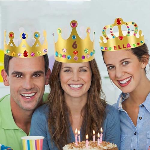 46 Pcs Paper Crowns DIY Party Hats Gold Decorative Crown Supplies with Jewels Gems Stickers for Birthday Party Celebrations