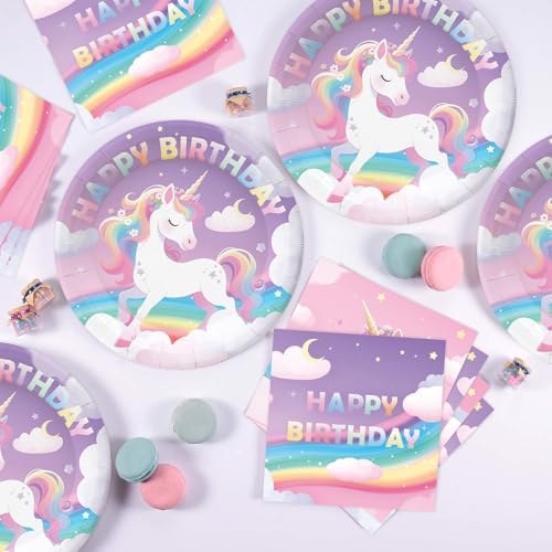 50Pcs Unicorn Birthday Plates and Napkins Party Supplies, Disposable Pastel Rainbow Paper Plates Napkins Tableware Set for Unicorn Birthday Party Decorations