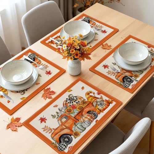 Fall Placemats Set of 4, 12x18 inch - Orange Truck Thanksgiving Table Decor
