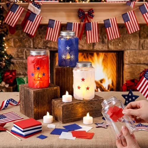 Qinyoung 12 Pcs Memorial Day Crafts Independence Day Mason Jars Craft with LED Candle Light DIY 250th Anniversary Patriotic 4th of July Decorations for Memorial Independence Projects Activity