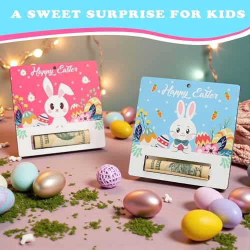 KATINAT Easter Bunny Gift Holder for Cash, Pack of 2 Wooden Rabbit Currency Display, Spring Basket Stuffers for Teens & Kids, Bunny Holding Holiday Egg Money Present, Pink Rabbit Cash Set