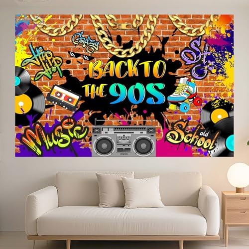 8x6FT 90s Party Decorations Backdrop Hip Hop Graffiti Retro Radio Fashion Brick Wall Photography Background Back to The 90s Themed Backdrop Banner Photo Shoot Props