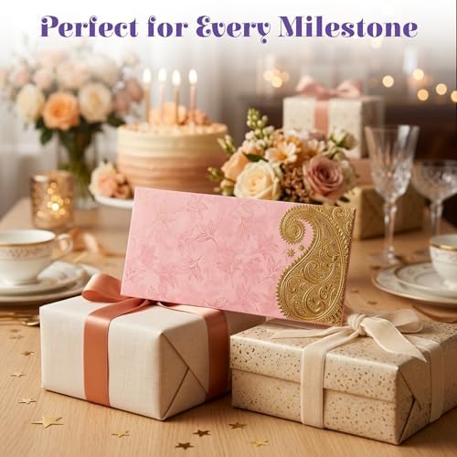 LoveNspire Money Envelopes (7 x 3 Inch) Decorative Golden Paisley Pattern Shagun Lifafa for Indian Wedding, Birthday | Cash Gift Holder & Home Savings Organizer Pack of 25
