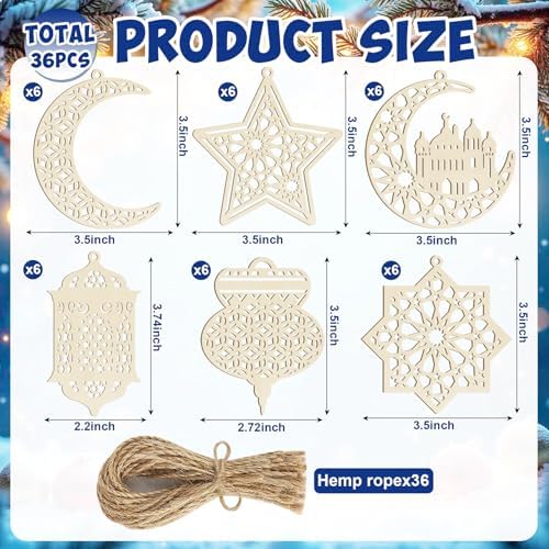 36PCS Wooden Ramadan Decorations Eid Islam Mubarak Ornaments Mubarak Hanging Hollow Pendant to Paint, DIY Blank Unfinished Wood Moon Cutouts Crafts Hanging Al Adha Star Lantern for Muslim Festive