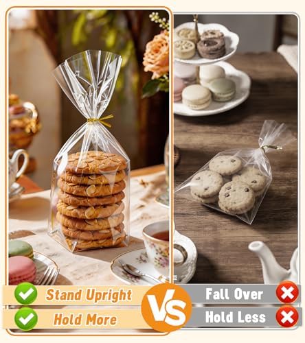 Flat Bottom Cellophane Bags with Twist Ties, 100 Pcs 5x3x12 Inches Cellophane Wrap for Gift Clear Cello Bags Flat Bottom Clear Treat Bags Plastic Packaging for Cookie Candy Goodie (No Side Gusset)