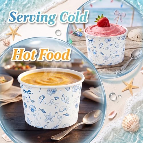Maxdot 50 Pcs Blue Bow Starfish Seashelle Ice Cream Paper Cups 9oz Ocean Coastal Disposable Snack Cups Paper Dessert Bowls for Yogurt Cupcakes Hot Cold Food Baby Shower Wedding Bridal Party Supplies