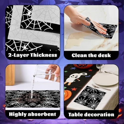 60 Pack Halloween Spider Web Paper Napkins – 13 x 13 Inch 2-Ply Disposable Black and White Spider Web Napkins for Halloween Party, Haunted House and Spooky Table Decorations