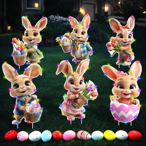 Bucherry 8 Pcs Lighted Easter Yard Signs with Stakes, LED String Lights & Face Hole Photo Booth Props, Waterproof Bunny Chick Lawn Decorations for Outside Spring Garden Egg Hunt Party Decor