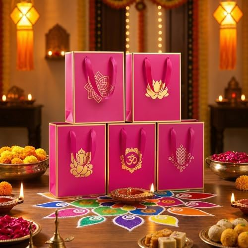 Sabary 30 Pcs Ganesh Pooja Indian Return Gift Paper Bag, Fuchsia